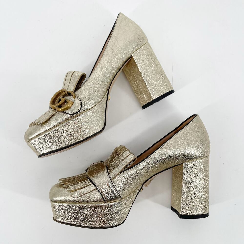 Gucci Gold Metallic Crackled Leather GG Marmont Fringe Platform Heels EU 36 - Picture 6 of 16